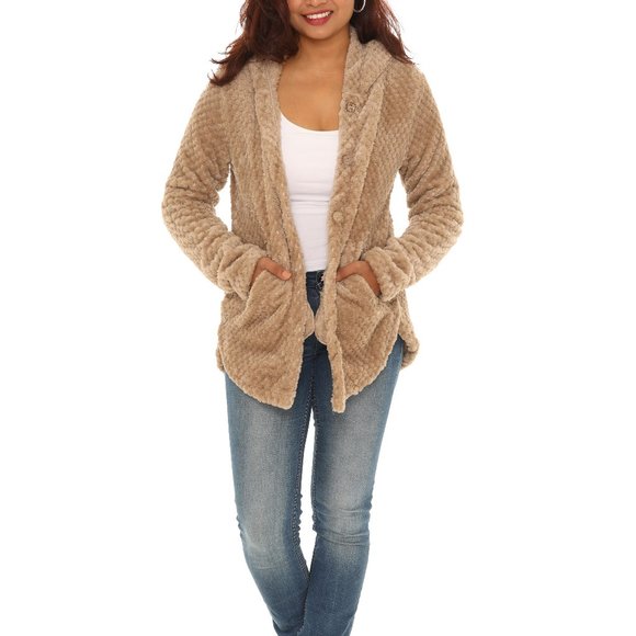 Textured Plush Button-Up Hoodie With Pocket - Picture 1 of 5